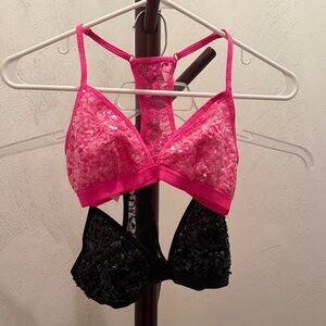 PINK Victoria's Secret Sequin Lace Bralettes- One Pink and One Black